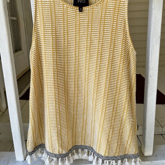 Anthropologie W5 Yellow Striped Tank Top Black Trim White Tassel/Fringe Sz S - Picture 1 of 9